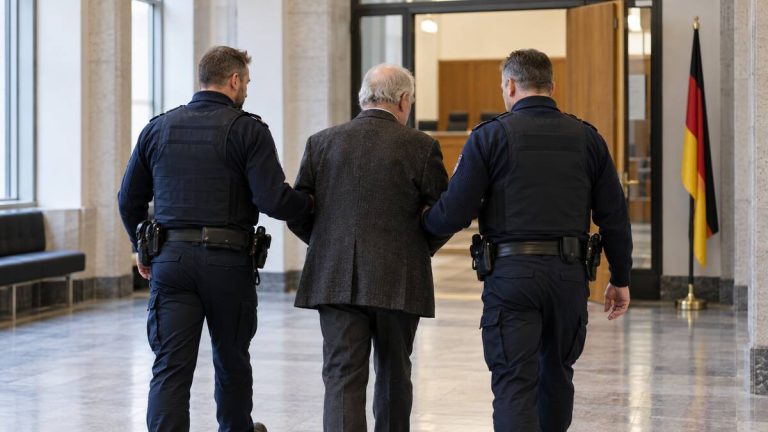 Anonimowy starszy mężczyzna eskortowany przez dwóch policjantów w niemieckim budynku sądu – ilustracja AI
