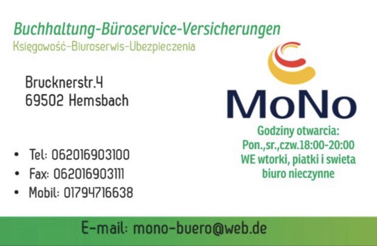 Kompleksowa obsluga firm duzych i malych oraz osob prywatnych , ksiegowosc , biuroserwis , ubezpieczenia na terenie calych niemiec.