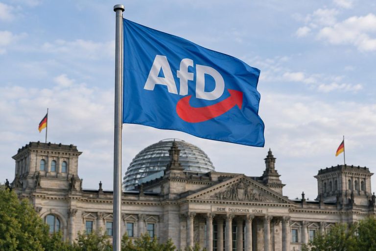 Ilustracja AI: flaga AfD na tle budynku Bundestagu