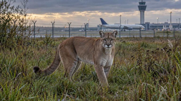 Puma na tle lotniska w Monachium – ilustracja AI