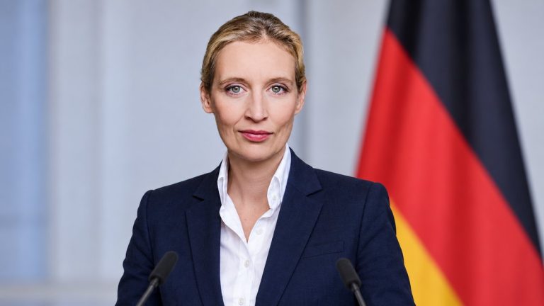 Ilustracyjny portret Alice Weidel na tle niemieckiej flagi