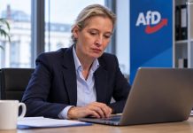 Wiemy, co kryją maile AfD! Haker ujawnia cel: doprowadzić do zakazu partii! Alice Weidel przy laptopie w biurze z logo AfD – ilustracja AI