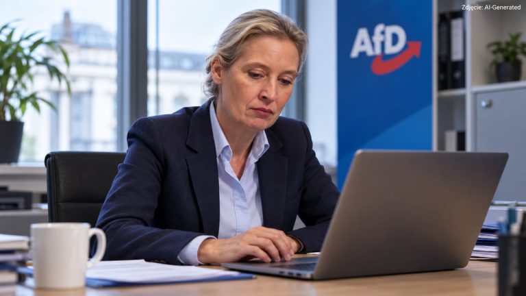 Alice Weidel przy laptopie w biurze z logo AfD – ilustracja AI