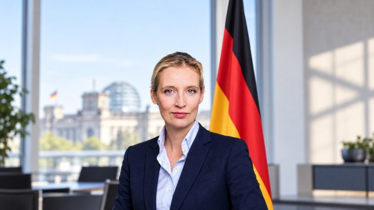 Ilustracja Alice Weidel w biurze z flagą Niemiec