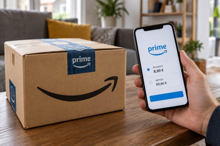 Paczka Amazon Prime i telefon z ceną subskrypcji w niemieckim mieszkaniu