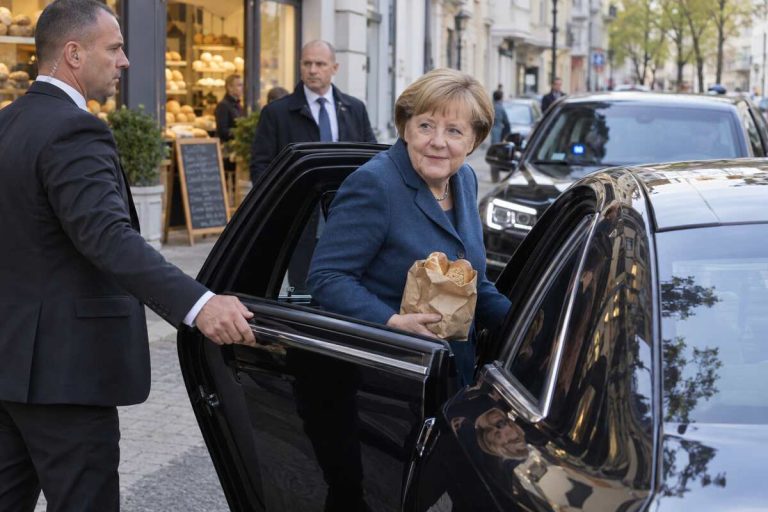 Angela Merkel z torbą pieczywa wsiada do czarnej limuzyny