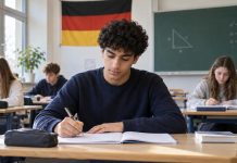 Niemcy: Zieloni chcą uznawać arabski za drugi język obcy do matury! Uczeń piszący w zeszycie w niemieckiej klasie — ilustracja AI