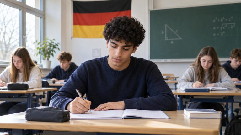 Uczeń piszący w zeszycie w niemieckiej klasie — ilustracja AI