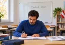 Najpierw integracja, potem pełny zasiłek! Austria chce zaostrzyć zasady dla uchodźców. Wzór dla Niemiec? Symboliczna ilustracja AI: dorosły uczestnik kursu niemieckiego w sali z austriacką flagą