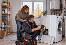 Awaria prądu w Niemczech zniszczyła ludziom pralki i ogrzewanie! Już 3500 zgłoszeń szkód Zdjęcie: AI-Generated. Domowniczka i technik przy uszkodzonej pralce — ilustracja.