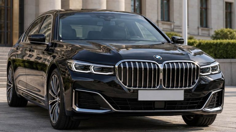 Czarne BMW przed budynkiem administracji — ilustracja wygenerowana przez AI