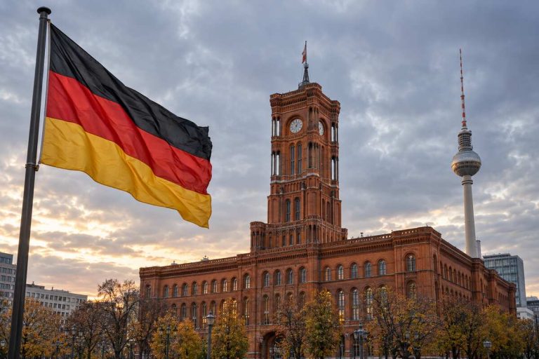 Niemiecka flaga przed Czerwonym Ratuszem i wieżą telewizyjną w Berlinie