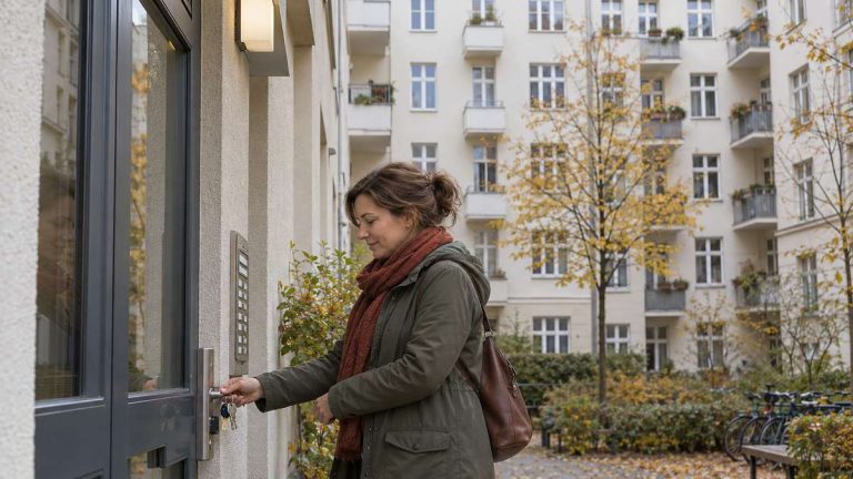 Lokatorka otwiera drzwi budynku wielorodzinnego — ilustracja AI tematu mieszkań w Berlinie