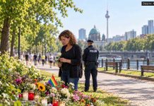 W zamachu w Berlinie zginęła Polka. Eksperci: można było go powstrzymać! Symboliczna ilustracja AI: kobieta z różą i policjant przy kwiatach w Berlinie