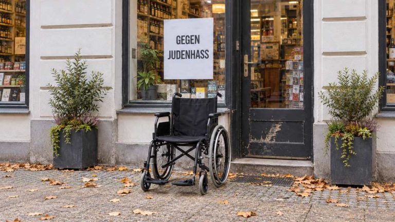 Ilustracja AI: pusty wózek przed sklepem i plakat przeciwko nienawiści do Żydów.