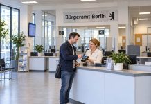 Lewica, SPD i Zieloni chcą wyższych podatków i opłat w Berlinie! Co najmniej 400 milionów euro więcej rocznie Ilustracja AI: fikcyjny mieszkaniec płaci kartą przy stanowisku obsługi w berlińskim urzędzie.