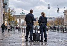 Część berlińskich policjantów rozważa wyjazd po zwycięstwie Lewicy. Związek z Saary ich zaprasza! Ilustracja AI: dwoje policjantów w Berlinie z walizką, widzianych od tyłu