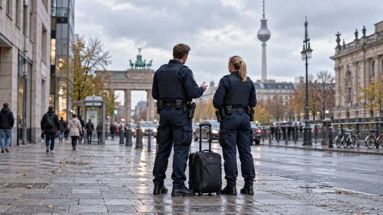 Ilustracja AI: dwoje policjantów w Berlinie z walizką, widzianych od tyłu