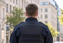 Berlińska młodzieżówka Lewicy nazwała policję „przestępczym klanem”. Senator żąda przeprosin! Symboliczna ilustracja funkcjonariusza policji na ulicy w Berlinie