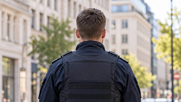 Symboliczna ilustracja funkcjonariusza policji na ulicy w Berlinie