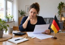 Bezdzietni w Niemczech mają płacić więcej. Rząd chce podnieść dopłatę do ubezpieczenia pielęgnacyjnego z 0,6 do 0,9 procent! Kobieta analizuje dokumenty i domowy budżet przy stole z niemiecką flagą