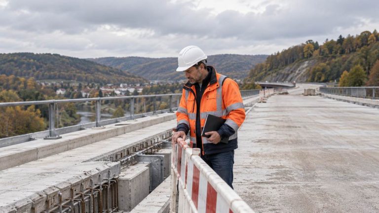 Inżynier przy betonowym moście w budowie — ilustracja AI