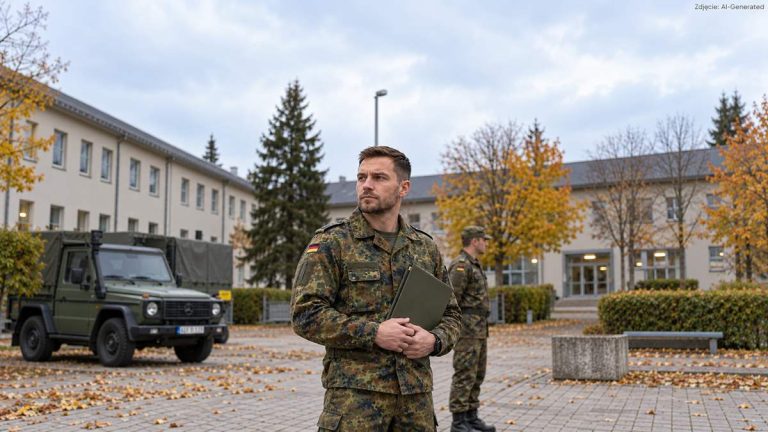 Żołnierz Bundeswehry z teczką na terenie koszar — ilustracja AI
