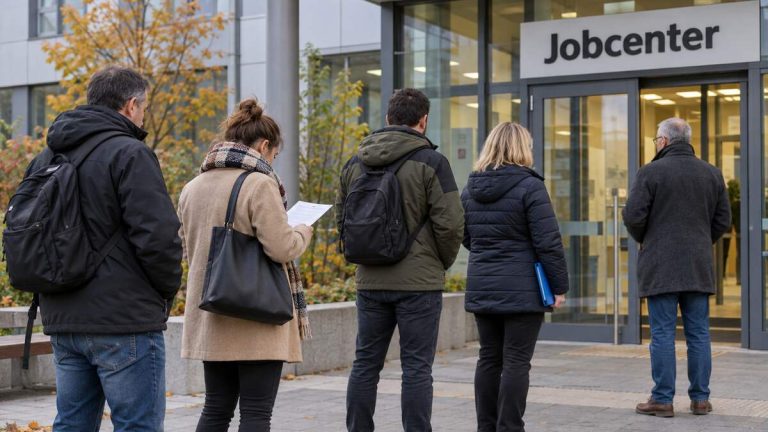 Anonimowi dorośli przed wejściem do Jobcenter w Niemczech
