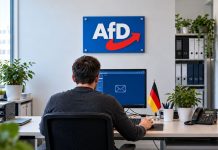 Niemcy: Ponad 421 tys. e-maili AfD w rękach hakerów? Partia potwierdza cyberatak Ilustracja AI: anonimowy pracownik przy komputerze z symbolem poczty, w tle logo AfD i flaga Niemiec