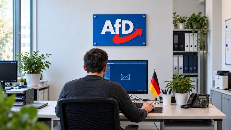 Ilustracja AI: anonimowy pracownik przy komputerze z symbolem poczty, w tle logo AfD i flaga Niemiec