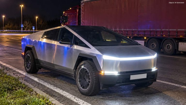 Srebrny Cybertruck nocą, z ciężarówką w tle. Symboliczna ilustracja AI.