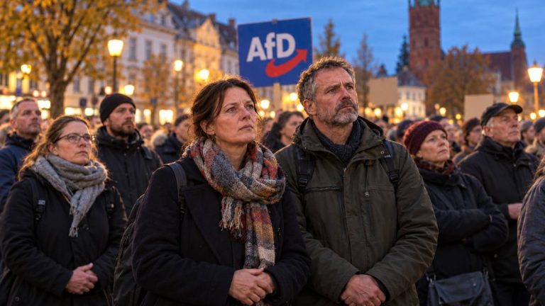 Ilustracja demonstrantów na niemieckiej ulicy z szyldem AfD