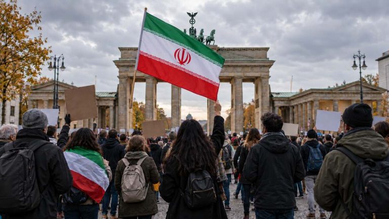 Ilustracja AI przedstawiająca demonstrację przed Bramą Brandenburską z flagą Iranu