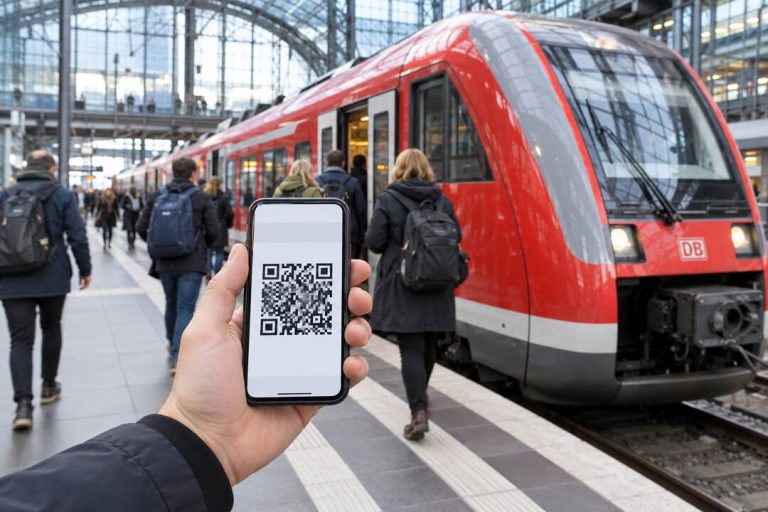 Telefon z biletem cyfrowym na tle czerwonego pociągu regionalnego w Niemczech