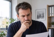 Dobrze zarabiający w Niemczech mogą od 2027 roku płacić nawet 102 euro więcej składek miesięcznie! Zaniepokojony pracownik analizuje dokument przy biurku z kalkulatorem