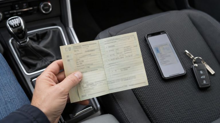 Dłoń trzymająca dowód rejestracyjny, obok telefon i kluczyki na fotelu samochodu