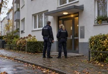 Mieli szykować ataki na policjantów! Czterech mężczyzn zatrzymanych w Niemczech Symboliczna ilustracja dwóch niemieckich policjantów przy wejściu do budynku