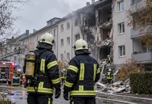 Niemcy: Eksplozja w bloku mieszkalnym! Pięć osób rannych, dwie zaginione Symboliczna ilustracja AI: strażacy przed uszkodzonym blokiem mieszkalnym.