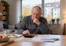 Ubóstwo na starość w Niemczech: Dlaczego emerytom w Polsce żyje się lepiej, mimo że mają mniej pieniędzy Ilustracja seniora obliczającego wydatki domowe przy stole w mieszkaniu