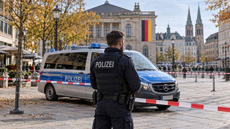 Policjant i radiowóz przy blokadzie — ilustracja poszukiwań w Niemczech