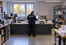 Setki fałszywych certyfikatów językowych w Niemczech! Siedmiu podejrzanych zatrzymanych Symboliczna ilustracja funkcjonariusza przy drukarce i dokumentach w pracowni. Obraz wygenerowany przez AI.