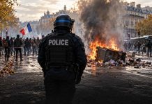 Francja: ponad 5000 zatrzymanych i setki rannych policjantów! ARD i ZDF wciąż mówią o „protestach uczniów” Ilustracja protestów we Francji: policjant, flaga francuska, dym i ogień