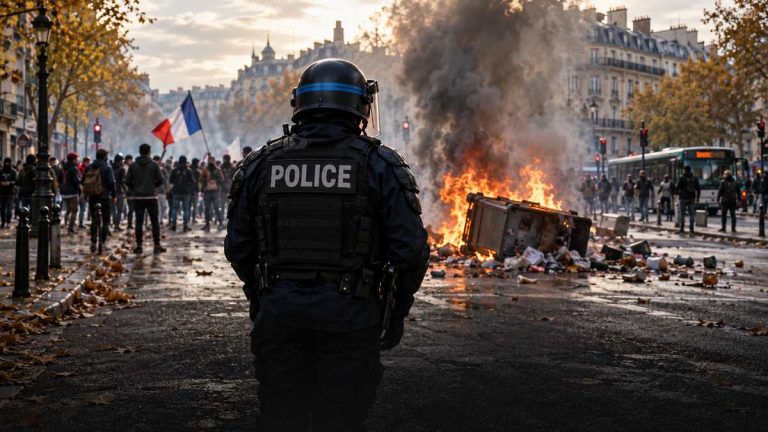 Ilustracja protestów we Francji: policjant, flaga francuska, dym i ogień