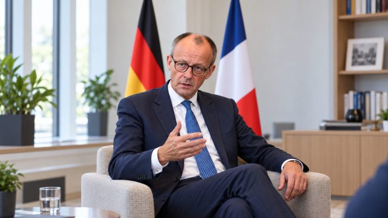 Ilustracja AI: Friedrich Merz podczas rozmowy, z flagami Niemiec i Francji w tle.