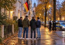 Niemcy: Młodzieżowe gangi terroryzują mieszkańców! Ofiary boją się zgłaszać ataki z obawy przed zemstą Ilustracja AI: grupa młodych dorosłych na niemieckiej ulicy, z flagą Niemiec i policją w tle