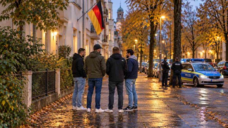 Ilustracja AI: grupa młodych dorosłych na niemieckiej ulicy, z flagą Niemiec i policją w tle