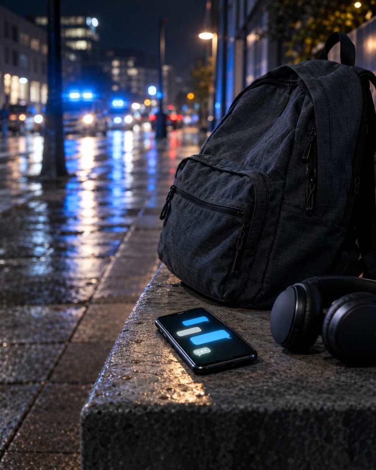 Smartfon i szkolny plecak na tle policyjnych świateł – ilustracja werbowania nieletnich przez gangi w Niemczech