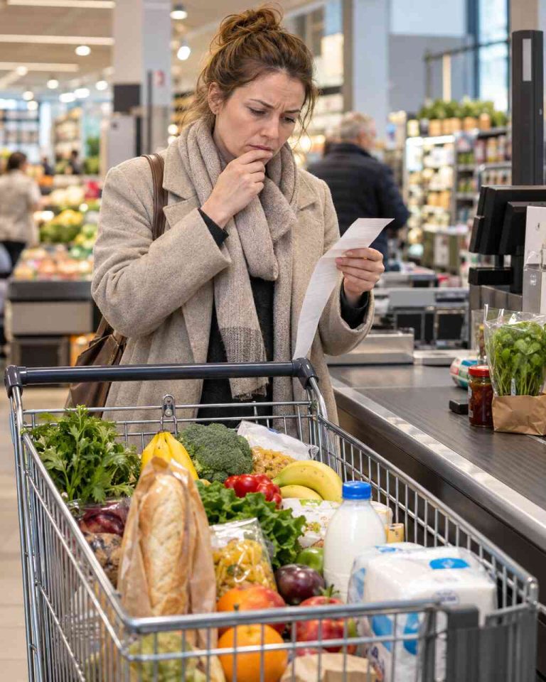 Kobieta podczas zakupów w niemieckim supermarkecie analizuje rachunek przy kasie