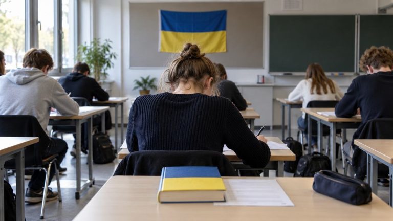 Ilustracja AI: uczniowie piszą egzamin w klasie z ukraińską flagą