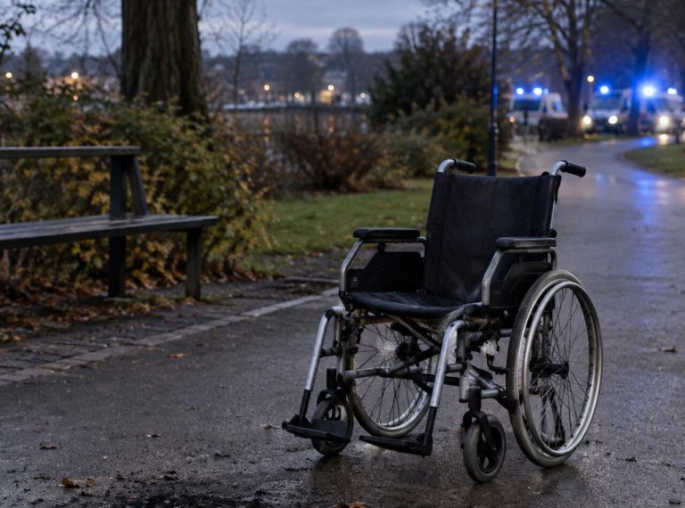 Pusty wózek inwalidzki w parku, w tle światła służb ratunkowych